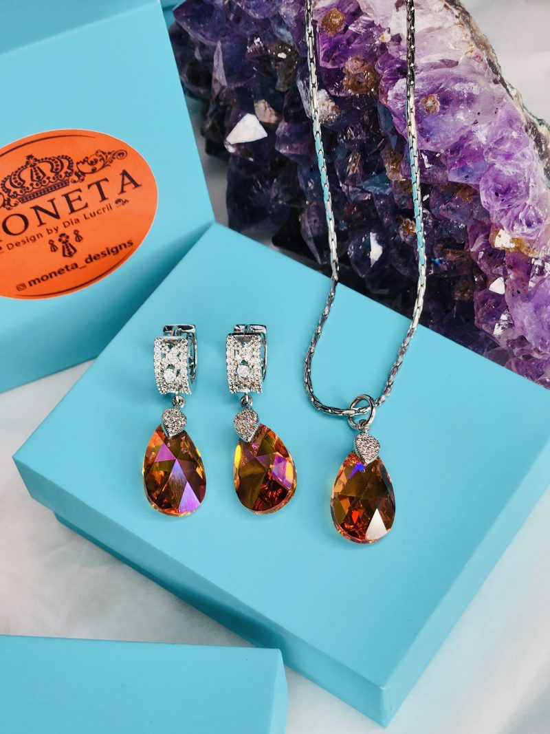 Astral Mango Orange Swarovsky Crystal Earrings, Pendant and Necklace