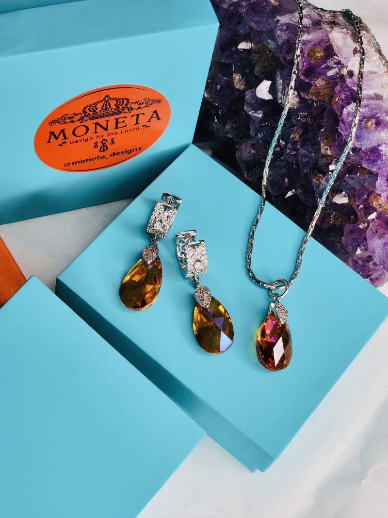 Astral Mango Orange Swarovsky Crystal Earrings, Pendant and Necklace
