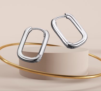 Large Silver Polished oval hoop earrings