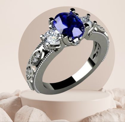 Oval Blue Stone Zirconia Ring. Triple Crystal Stone Prong Setting. Rhodium Over Sterling Silver 925.