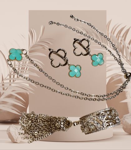 Turquoise Clover Jewelry Set - Ring, Earrings, Anklet